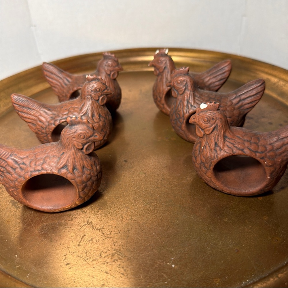 Set of 6 Ceramic Hen Napkin Rings - Rustic Terracotta Color